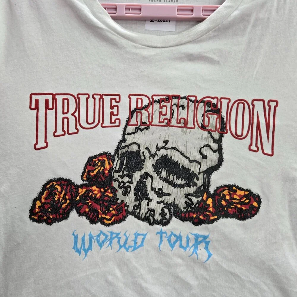 True Religion Men Shirt M White Graphic Skull Tour Short Sleeve Logo‎ Cotton Tee